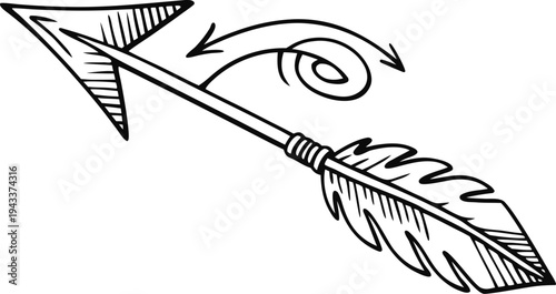 Hand drawn black arrow with feather and spiral tail doodle