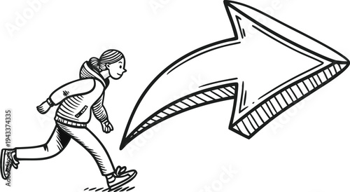 Woman running with large curved arrow hand drawn