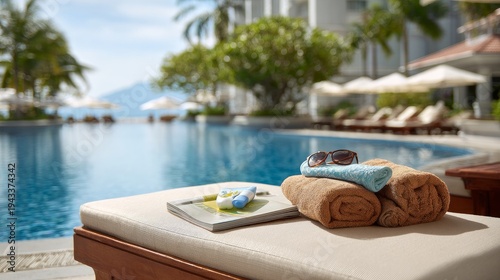 Beach towels and sunscreen sit on a sun lounger by an outdoor pool at a fancy resort.