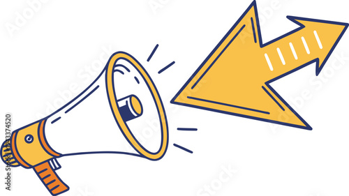 Yellow megaphone pointing to large arrow white megaphone orange handle blue outline