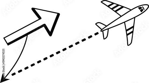 Black and white airplane flying along dashed path with large arrow dashed line navigation