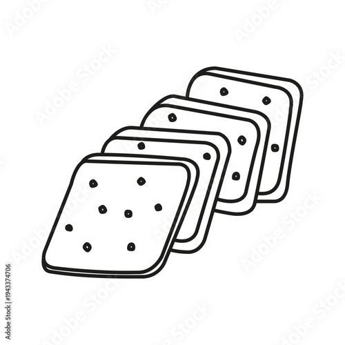 Cute doodle outline square shaped porous bread slices isolated on white background. Hand drawn line art wholegrain pastry for breakfast, cafe, bakery, packaging, posters, etc. Source of carbohydrates.