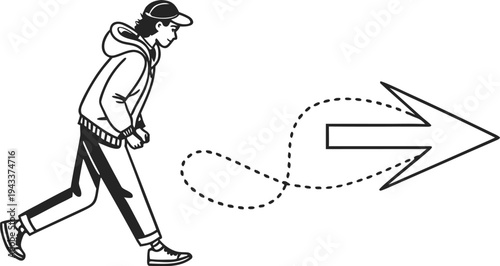 Man walking to right following dotted arrow line path dotted line direction