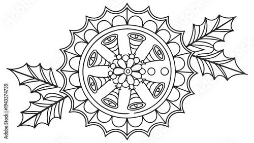 Christmas mandala coloring page with bells and holly leaves
