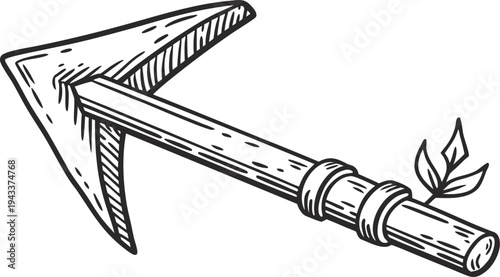Black and white doodle of pickaxe with leaf on handle hand drawn tool