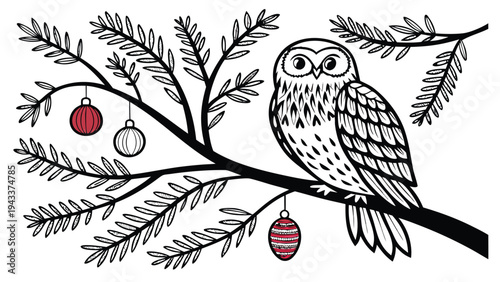 Christmas owl sitting on tree branch with ornaments coloring page