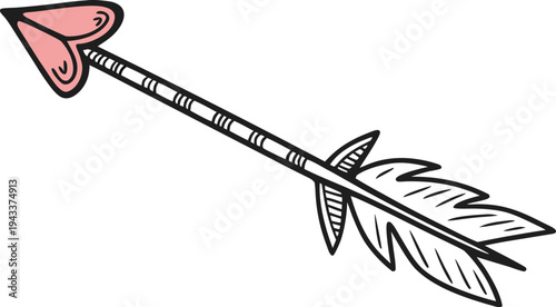 Hand drawn arrow with heart shape tip and feathers heart tip cute doodle