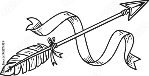 Hand drawn arrow with ribbon style tail decorative black and white