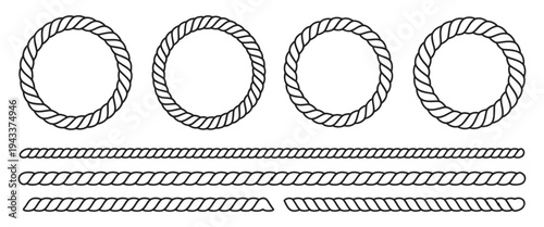 Set decorative circle and line frames, round rope frame circle ropes and rounded line borders, decorative marine cable frame circles collection