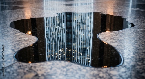 A dark spill or puddle on a luxury marble floor reflecting the architectural details of a modern building.