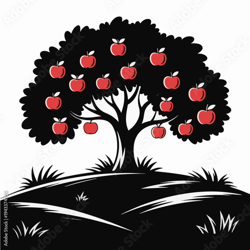 Apple Tree with Red Apples on Hill Black and White Vector Illustration