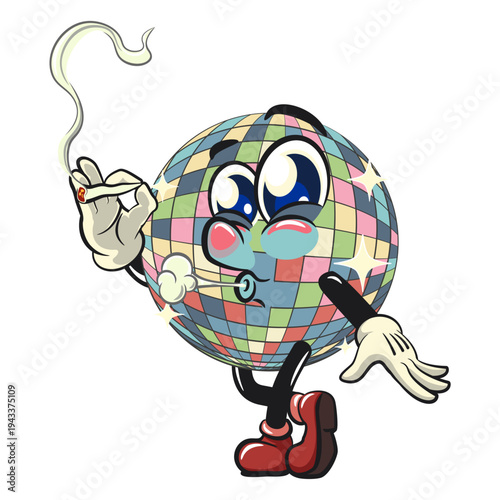 cute disco ball mascot character smoke calmly, isolated vector illustration, work of hand drawn