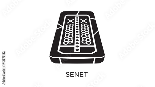 Minimalist black and white line art illustration of an ancient Egyptian Senet board game, perfect for historical, educational, and gaming design projects.