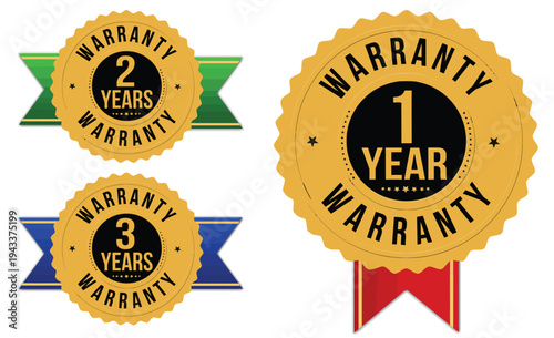 1, 2 and 3 years warranty golden badge,emblem or label set