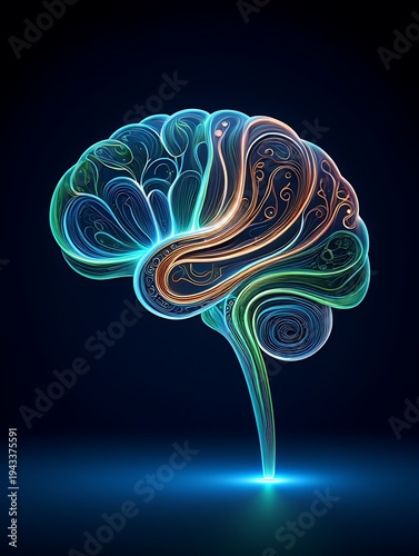 Glowing brain with swirling neon lights and vibrant colors on dark background