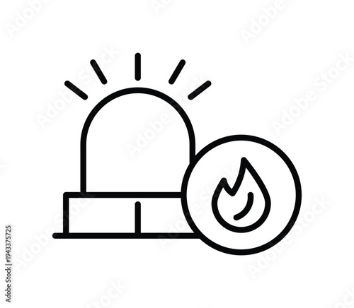 Emergency response icon featuring alert light and fire symbol in outline design