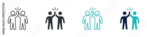 Team high five icon set, partnership teamwork success celebration symbol, outline and solid and color style. Vector illustration.