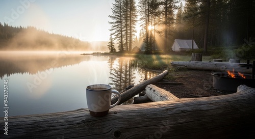 A white ceramic mug sitting on a wooden log overlooking a misty lake at sunrise with forest and tents in the background.