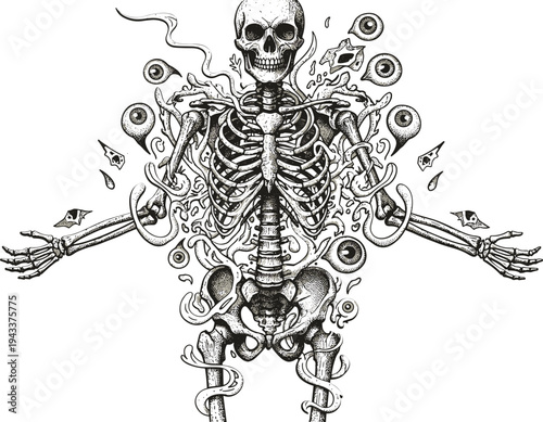 Surreal Stipple Art Skeleton with Floating Eyeballs and Organic Swirls EPS10 Stock.eps