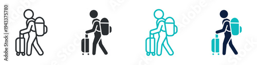 Traveler with luggage icon set, tourist backpack suitcase travel journey symbol, outline and solid and color style. Vector illustration.