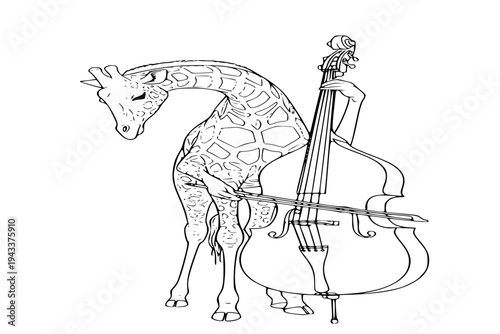 Elegant Giraffe Playing Double Bass Cello Classical Jazz Musician Safari Party Animal Black Vector Silhouette