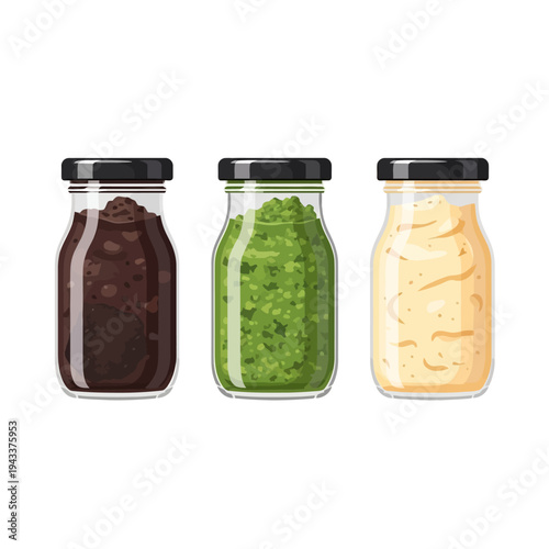 Three jars of different colored paste are arranged on a table indoors.