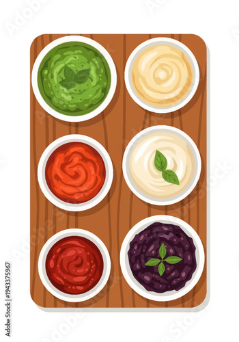 Variety of colorful dips on wooden board.