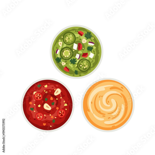 Three colorful dip bowls filled with guacamole salsa and cheese sauce are arranged on a table