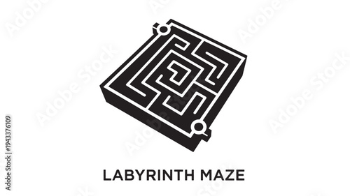 A black and white illustration of a labyrinth maze on a clean white background, perfect for use in graphic design projects, puzzles, or gaming concepts.