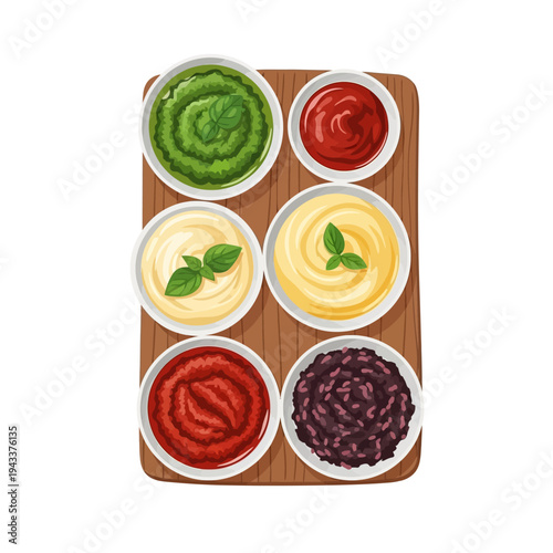 A colorful arrangement of six bowls containing various dips and sauces on a wooden board in a kitchen environment viewed from above.