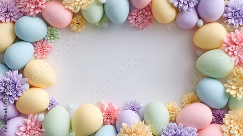 Colorful Easter eggs and flowers arranged in a decorative frame