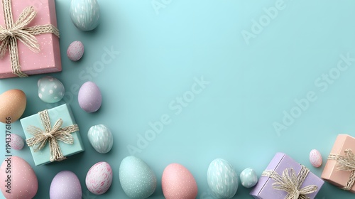 Colorful Easter eggs and gift boxes on blue background  