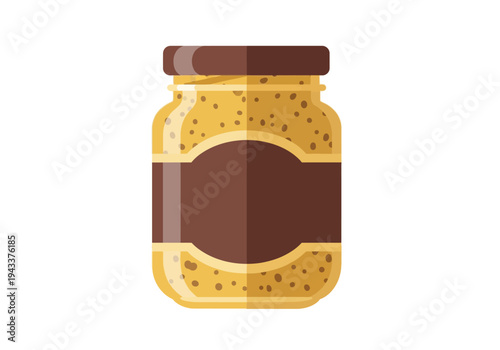 A jar of grainy mustard with a brown label and lid, perfect for illustrating recipes, condiments, and food-related concepts