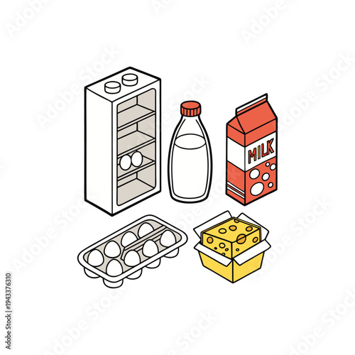 Dairy food products and refrigerator cartoon illustration  milk bottle carton cheese eggs
