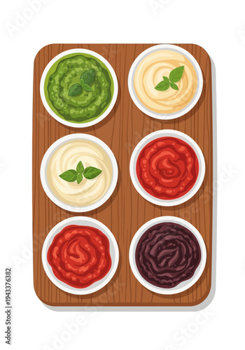 A vibrant overhead view of assorted delicious sauces and flavorful dips presented elegantly in white ceramic bowls on a rustic wooden serving board, perfect for appetizers and meal enhancements