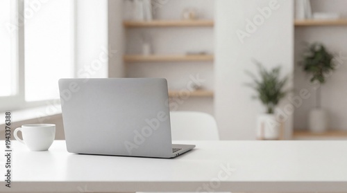 Clean Minimal Laptop Workspace with Coffee and Soft Interior Background