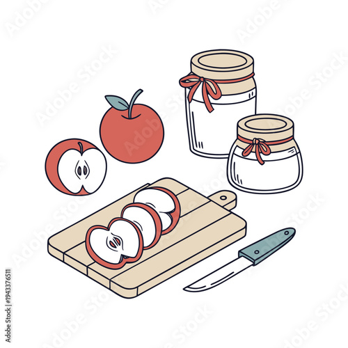 Sliced apples on wooden cutting board with jars and knife  healthy food preparation