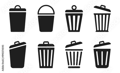 Waste bin icon collection with lid open and closed in solid and outline styles, isolated on light background, vector illustration for trash
