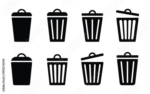 Waste bin icon collection with lid open and closed, solid and outline style icons, vector illustration isolated on light background for garbage