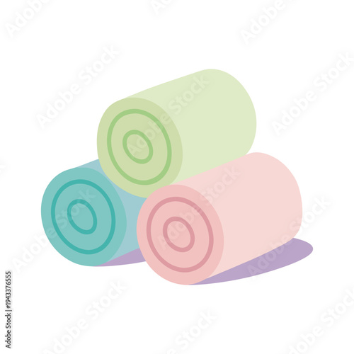 Three colorful rolled up yoga mats on white background for fitness and exercise