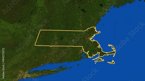 Massachusetts high resolution 4k satellite earth map zoom cinematic animation 3d drop shadow highlighting American state borders for US travel tourism geography and geopolitical 
