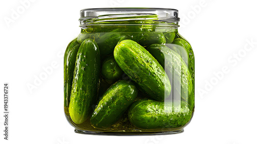 Ultra realistic HD pickled cucumbers jar glass reflections brine, isolated on white background