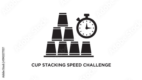 A graphic illustration of a cup stacking speed challenge with a timer, showing a stack of cups and a stopwatch, representing a fun and competitive indoor game.