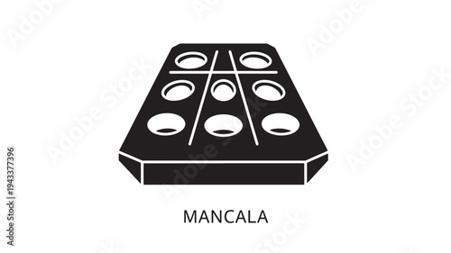 A black and white illustration of a Mancala board game, perfect for indoor fun and strategy, with a clean and minimalist design.