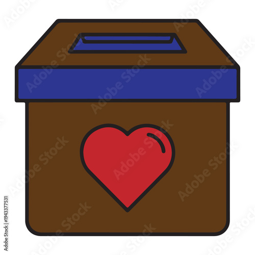 Brown donation box with red heart symbol on front