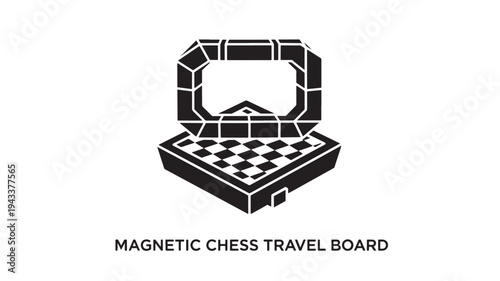 A sleek, black and white illustration of a magnetic chess travel board, open and ready for play, on a clean white background.