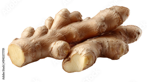 Ultra realistic HD fresh ginger root with natural texture, isolated on white background