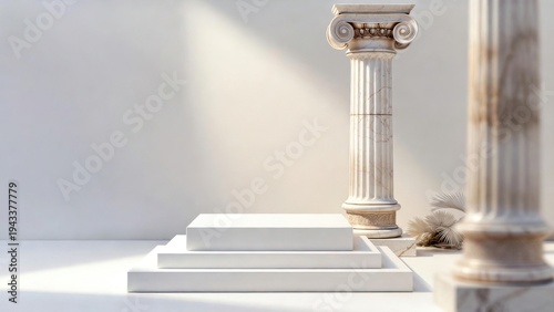 Classical column stands tall beside minimalist white podiums