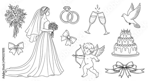 Elegant outline illustration set for celebratory events including a bride and symbols