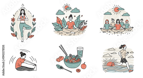 Illustration depicting various healthy lifestyle activities and well-being scenes
